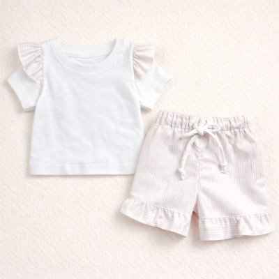 Conjunto de roupa bebé t-shirt branca com folhos e calções às riscas rosa e branco