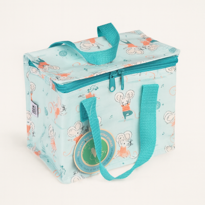 Saco de almoço térmico azul claro com padrões de ratinhos e alças turquesa
