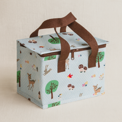 Saco térmico azul com padrão de animais e árvores e alças castanhas