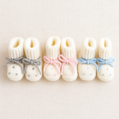 Três pares de botins de bebé de malha branca com laços coloridos