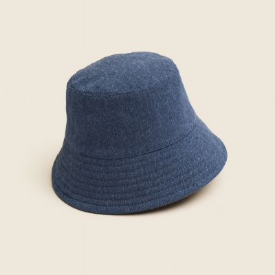 Chapéu bucket denim azul escuro com costuras em fundo bege.