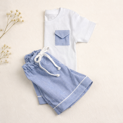 Conjunto infantil de t-shirt branca com bolso riscado azul e branco e calças riscas azul e branco