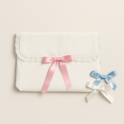Envelope branco em tecido com renda e laços de cetim rosa, azul e branco