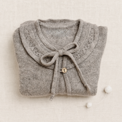 Camisola de malha cinzenta clara com laço e botão, pompons brancos ao lado