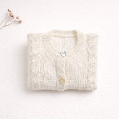 Camisola de malha branca dobrada sobre superfície branca com ramo seco