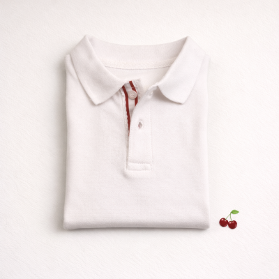 Polo branco dobrado com detalhes em vermelho e duas cerejas desenhadas ao lado