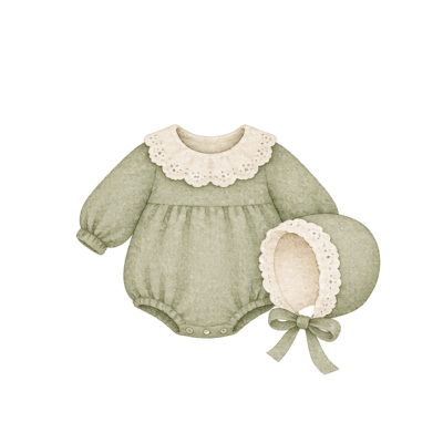 Conjunto infantil verde com gola rendada e chapéu com renda e laço