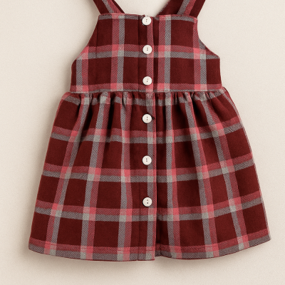 Vestido infantil xadrez em tons de vermelho, rosa e cinza com botões brancos.