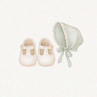 Sapatos de bebé brancos e boné verde claro em aquarela