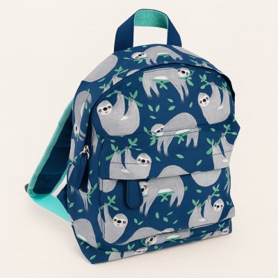 Mochila azul com padrão de preguiças cinzentas em galhos verdes.