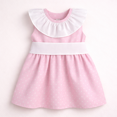 Vestido infantil rosa com bolinhas brancas e gola larga branca