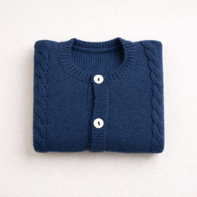 Casaco de malha azul escuro dobrado com botões brancos