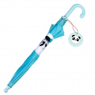 Guarda-chuva azul com estampa de panda e etiqueta pendurada