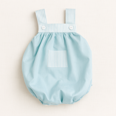 Roupão azul claro para bebé com alças e bolso aos quadrados azul e branco