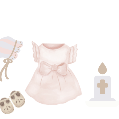 Conjunto de vestido, gorro, sapatinhos e vela para bebê em fundo branco