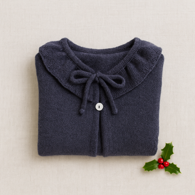 Camisola azul escuro com gola franzida, botão branco e ramo de azevinho em fundo bege.