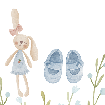 Três pares de sapatos infantis e um boneco de coelho rodeados por flores desenhadas