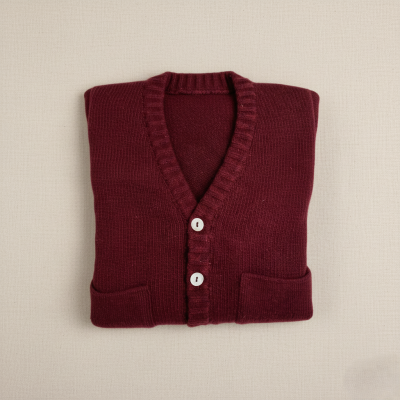 Cárdigan bordô de malha dobrado com botões brancos