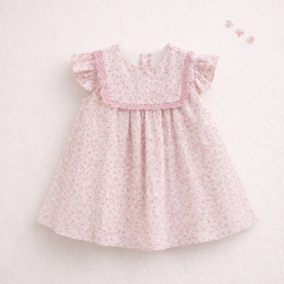 Vestido de bebé branco com padrão floral rosa e folhos nas mangas