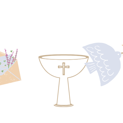 Cálice dourado com envelope de flores e véu branco rendado com cruz dorada