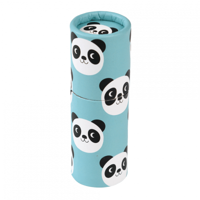 Estojo cilíndrico azul com caras de panda preto e branco