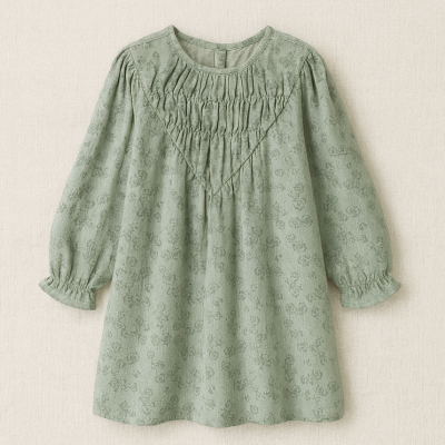 Vestido infantil verde claro com padrão floral e mangas compridas