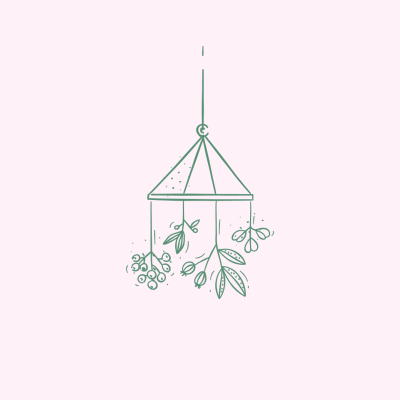 Desenho minimalista de móbile pendurado com flores e folhas verdes