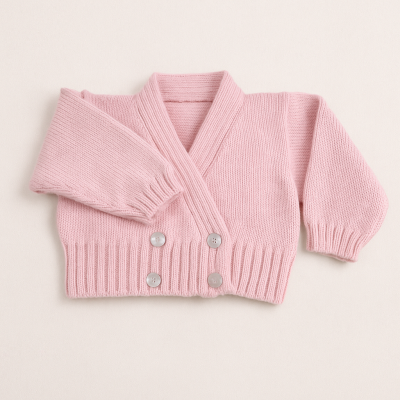 Camisola rosa de malha para criança com botões cinzentos.