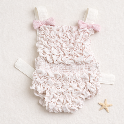 Fato de banho para bebé branco com pontos cor-de-rosa e laços rosa