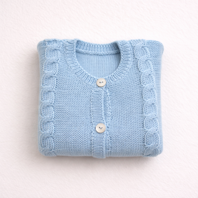 Camisola de malha azul clara dobrada com botão