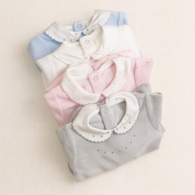 Bodies de bebé em azul, branco, rosa e cinza com golas brancas com pompons