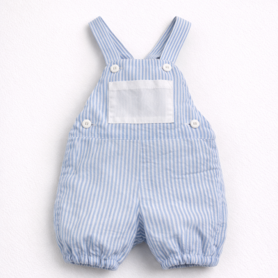 Macacão curto de bebé às riscas azul e branco com bolso frontal branco