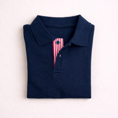 Polo azul escuro dobrado com gola e detalhes riscados na abotoadura