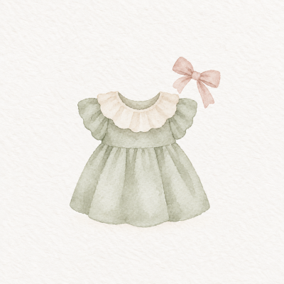 Vestido infantil verde com gola branca e laço rosa