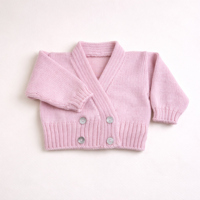 Casaco de criança rosa clara de malha com botões cinza