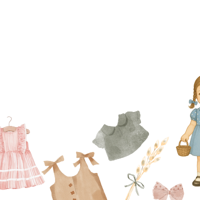 Boneca com roupas e acessórios infantis em várias cores sobre fundo branco