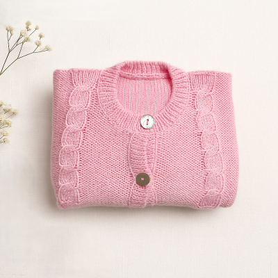 Cardigan de malha rosa com botões sobre superfície branca com flores secas
