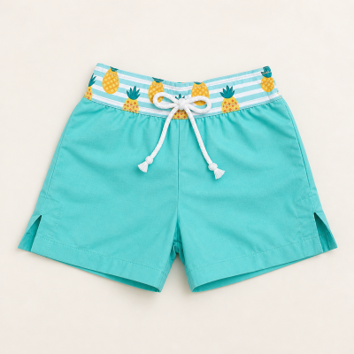 Calções de banho turquesa com cós estampado de riscas e ananases amarelos e cordão branco