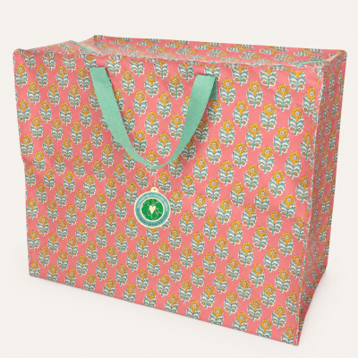 Saco tecido coral com padrão floral amarelo e verde e alças verdes