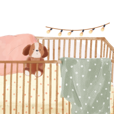 Berço de madeira com cobertores e brinquedo de peluche