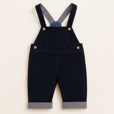 Jardineiras infantis em veludo cotelê azul escuro com detalhes xadrez