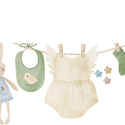 Conjunto de roupas e acessórios de bebé pendurados num varal