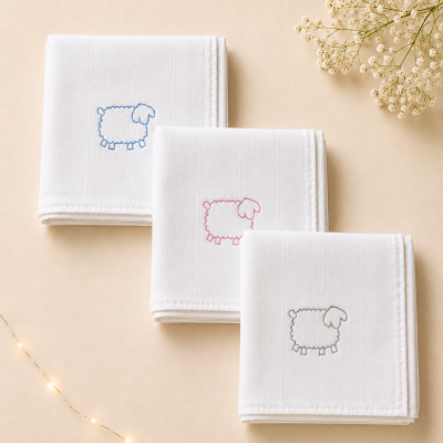 Conjunto de três toalhas brancas com bordado de ovelha colorida e flores ao lado