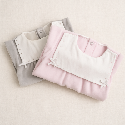 Dois babygrows de bebé, um cinza e outro rosa, com golas brancas decoradas e botões na gola