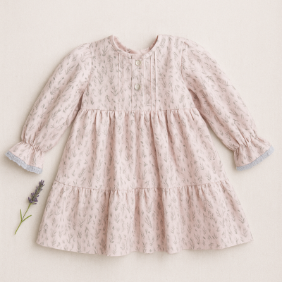 Vestido infantil rosa com estampado floral e detalhes em renda