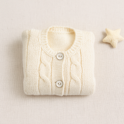 Cardigan infantil creme em malha grossa com botões e padrão de trança