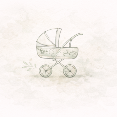 Carrinho de bebé vintage branco com padrão floral e rodas grandes, ilustração delicada