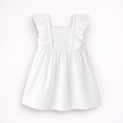 Vestido branco de criança com alças folhadas e tecido com pontos texturizados