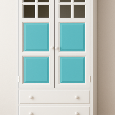 Armário branco com painéis azuis e portas com janelas de vidro opaco, em chão de madeira clara