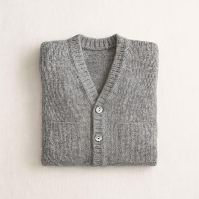 Cardigã cinzento claro em malha com dois botões, dobrado sobre superfície clara